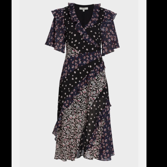 Joie Ambroise Dress Women's 14 Caviar Multi V-Neck Ruffle Trim Elbow Sleeve~ - Picture 3 of 8